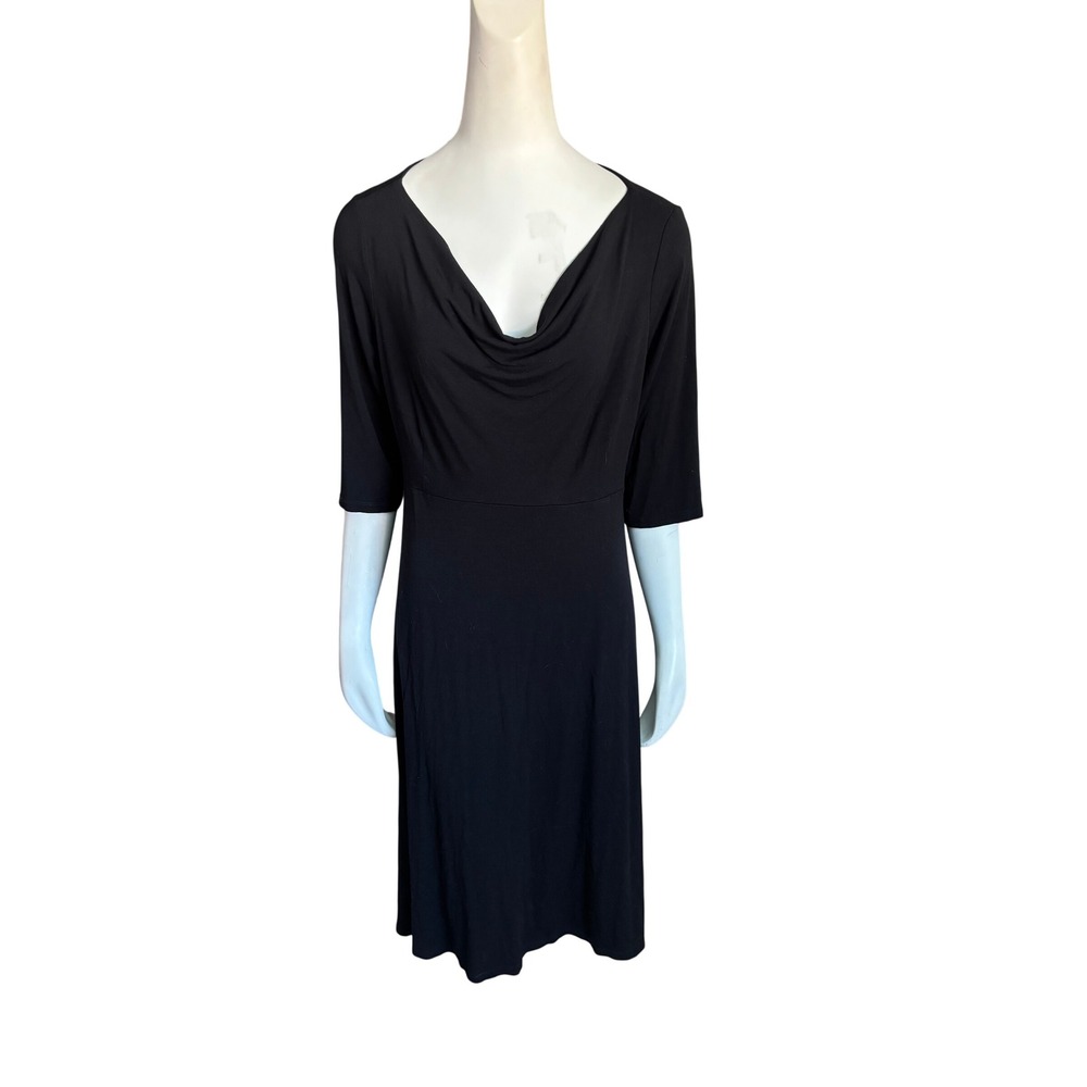 Eileen Fisher Black Cowl Neck Midi Dress 3/4 Sleeve Jersey Stretch Size L